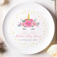 Watercolor Unicorn Face Floral Stars Baby Shower Paper Plates