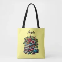 Personalized Vintage Books, Coffee and Flowers Tote Bag