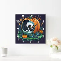 A playful ghost emerges from a Halloween pumpkin Square Wall Clock