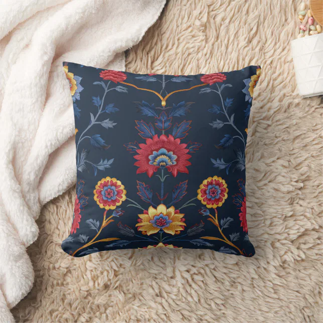 Antique Colorful Indian Floral Motif Pattern Throw Pillow
