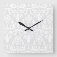 Elegant Damask Pattern Gray White Feminine Square Wall Clock