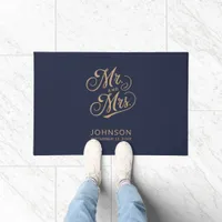 Modern Mr & Mrs Script Couple Family Name Wedding Doormat