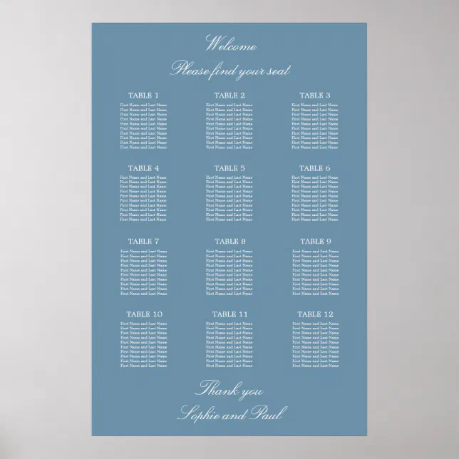 Dusty Blue 12 Table Wedding Seating Chart Poster