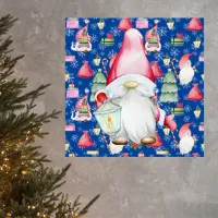 Christmas Santa Gnome & Blue Pattern Background Poster