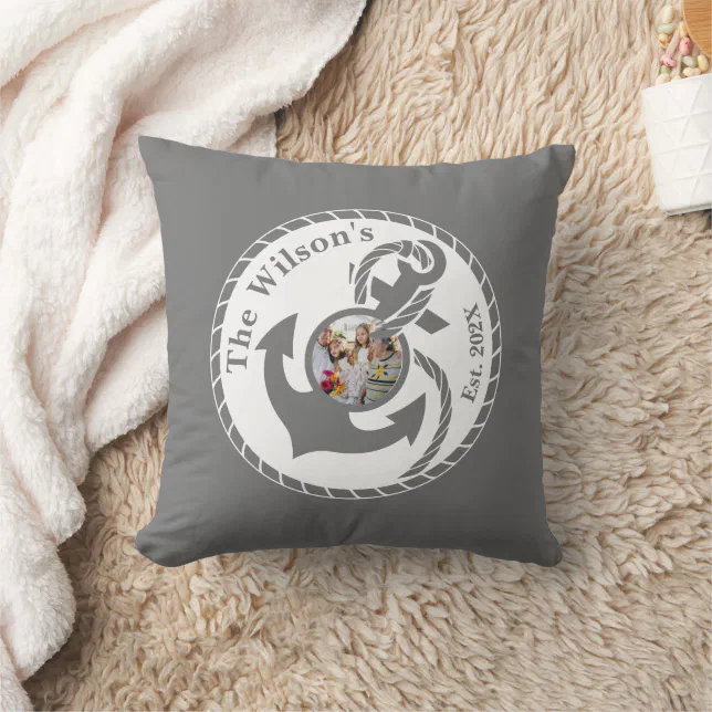 Nautical Anchor Gray Family Name and Photo Outdoor Throw Pillow