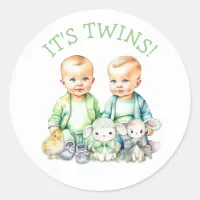 It's Twins! Cute boy twins Baby Shower Treats Classic Round Sticker