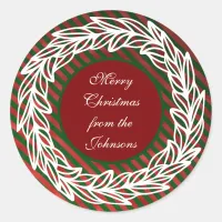 Stylized White Wreath on Red and Green Stripes Classic Round Sticker