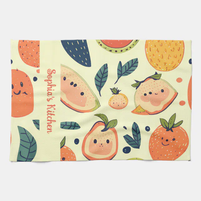 Cheerful Fruit Characters in Watercolor Kitchen Towel