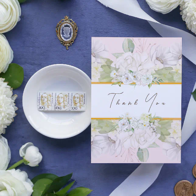Modern White Rose Pink Floral Thank You Card