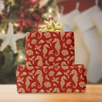 Coastal Christmas Seahorse Gold Glitter Red Wrapping Paper