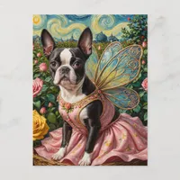 Adorable Boston Terrier Fairy in a Rose Garden Postcard