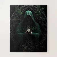 Mystical Hooded Figure in Green Praying Jigsaw Puzzle