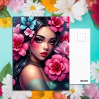 Hispanic Anime Girl with Pretty Pink Flowers Postcard