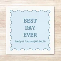 Best Day Ever Dusty Blue Scalloped Custom Wedding  Napkins