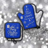 Merry and Bright Christmas in Silver and Blue | Oven Mitt & Pot Holder Set