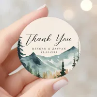 Watercolor Mountains And Pines Wedding Thank You Classic Round Sticker