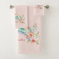 Pretty Watercolor Flowers and Rainbow Bath Towel Set