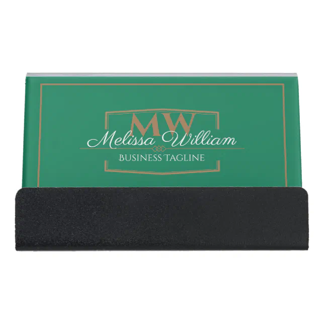 Green Gold Monogram Desk Business Card Holder