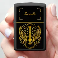 Gold Guitar Artistry With Angelic Wings Design Zippo Lighter