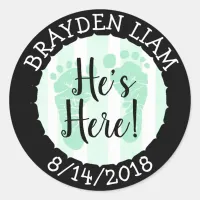 He's Here, New Baby Boy Announcement Classic Round Sticker