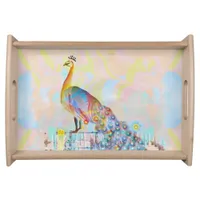 Majestic peacock on a fence - abstract   serving tray