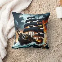 Pirate Ship Sailing Through Stormy Seas at Dusk Throw Pillow