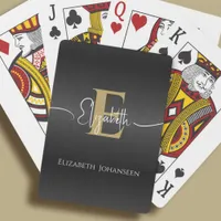 Modern Elegant Black Brushed Metal Gold Monogram Poker Cards