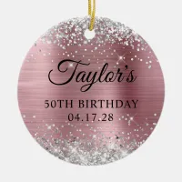 Silver Glitter Light Pink 50th Birthday Photo Ceramic Ornament