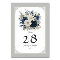 Navy Blue, Cream and Silver Floral Wedding Table Number