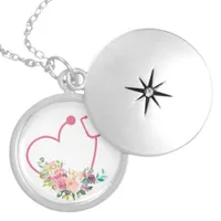 Pink Floral Stethoscope Heart Medical Nurse  Locket Necklace