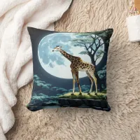 Giraffe Under Full Moon by Tranquil Water Throw Pillow