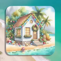 Tiny Home on the Beach Festive Christmas Square Sticker