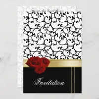 mod red roses damask wedding invitation