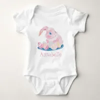 Pink Bunny With Easter Eggs Girly Name White Baby Bodysuit