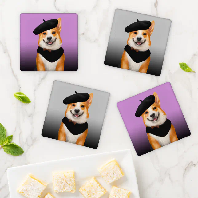 Cute Chic Corgi Dogs Wearing Berets & Bandanas Coaster Set