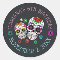 Personalized Day of the Dead Theme Birthday Party Classic Round Sticker