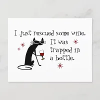 Rescued Some Wine Funny Quote with Black Cat Postcard