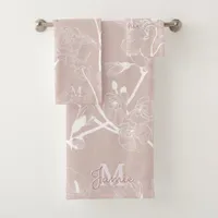 Monogram Metallic Rose Gold Glitter & Mauve Floral Bath Towel Set