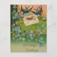 Vintage Birthday Postcard Birds and Flowers