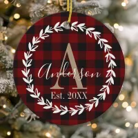 Buffalo Plaid Monogram Wreath Family Christmas Ceramic Ornament