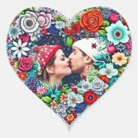 Love | Teal and Red Floral Heart with Couple's Pic Heart Sticker