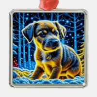 Cute Puppy Dog Playing in Snow Christmas Metal Ornament