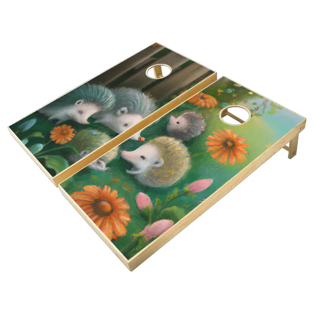 Whimsical Hedgehog Family Picnicking in the Garden Cornhole Set