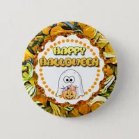 Happy Halloween Ghost and Gourds Button