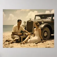 1930s retro picnic on the beach by a roadster poster