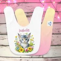 Watercolor Kitten Flowers Personalized Baby Bib