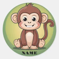 Cute baby monkey with big smile green background classic round sticker