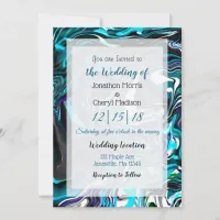Blue and Black Fluid Art Wedding Invitation