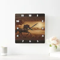 Majestic Horse Galloping in Golden Sunrise Field Square Wall Clock