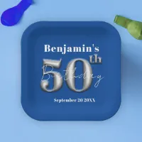 Modern Simple Royal Blue and Silver 50th Birthday Paper Plates